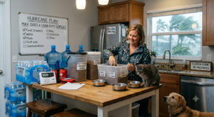 Florida pet owner preparing safe food and water for a dog and cat during hurricane season